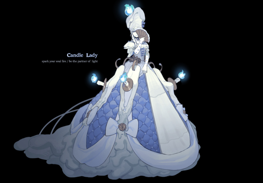 1girl, black_background, black_choker, blue_bow, blue_dress, blue_eyes, blue_fire, blue_lips, bow, candelabra, candle, candlestand, choker, closed_mouth, covering_one_eye, dress, dress_bow, dress_flower, drill_hair, drill_sidelocks, elbow_gloves, english_text, fire, flower, folding_fan, full_body, gloves, gown, hair_bow, hand_fan, holding, holding_fan, jiayeshisanlunncfen, liquid_clothes, liquid_hair, long_dress, off-shoulder_dress, off_shoulder, original, pendant_choker, personification, pouf_(hairstyle), puffy_short_sleeves, puffy_sleeves, rose, short_sleeves, sidelocks, simple_background, smile, solo, standing, two-tone_dress, updo, wax, white_bow, white_dress, white_gloves, white_hair, yellow_flower, yellow_rose