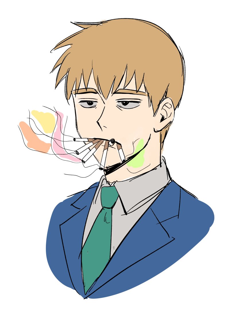 1boy, black_eyes, blonde_hair, blue_jacket, cigarette, collared_shirt, commentary_request, green_necktie