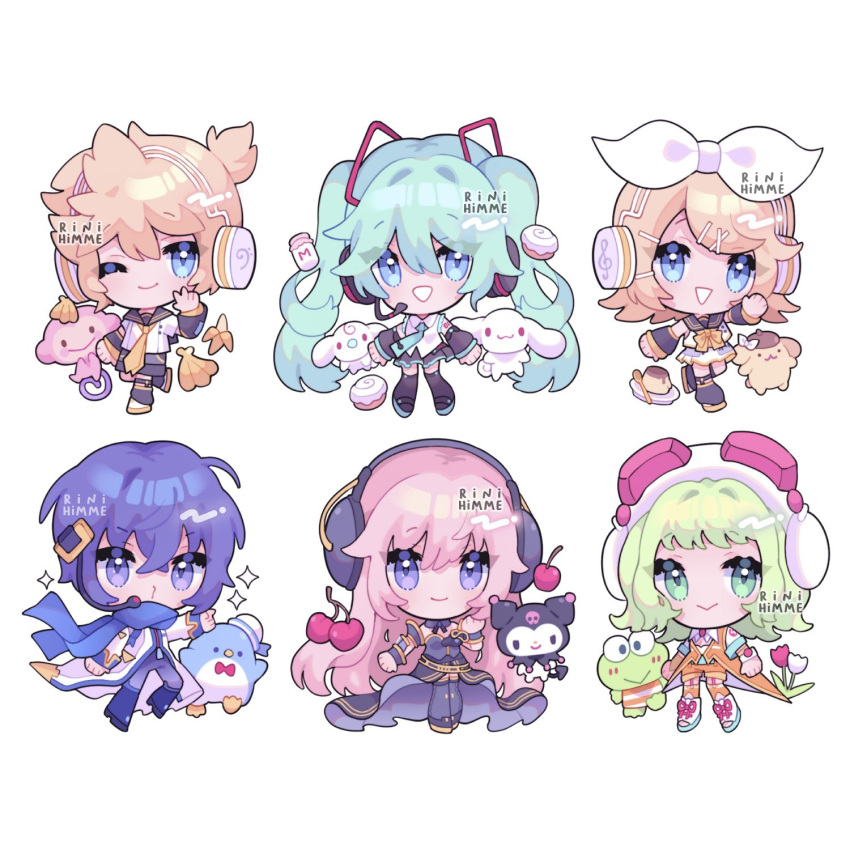 2boys, 5girls, animal, aqua_eyes, aqua_hair, artist_name, banana, bird