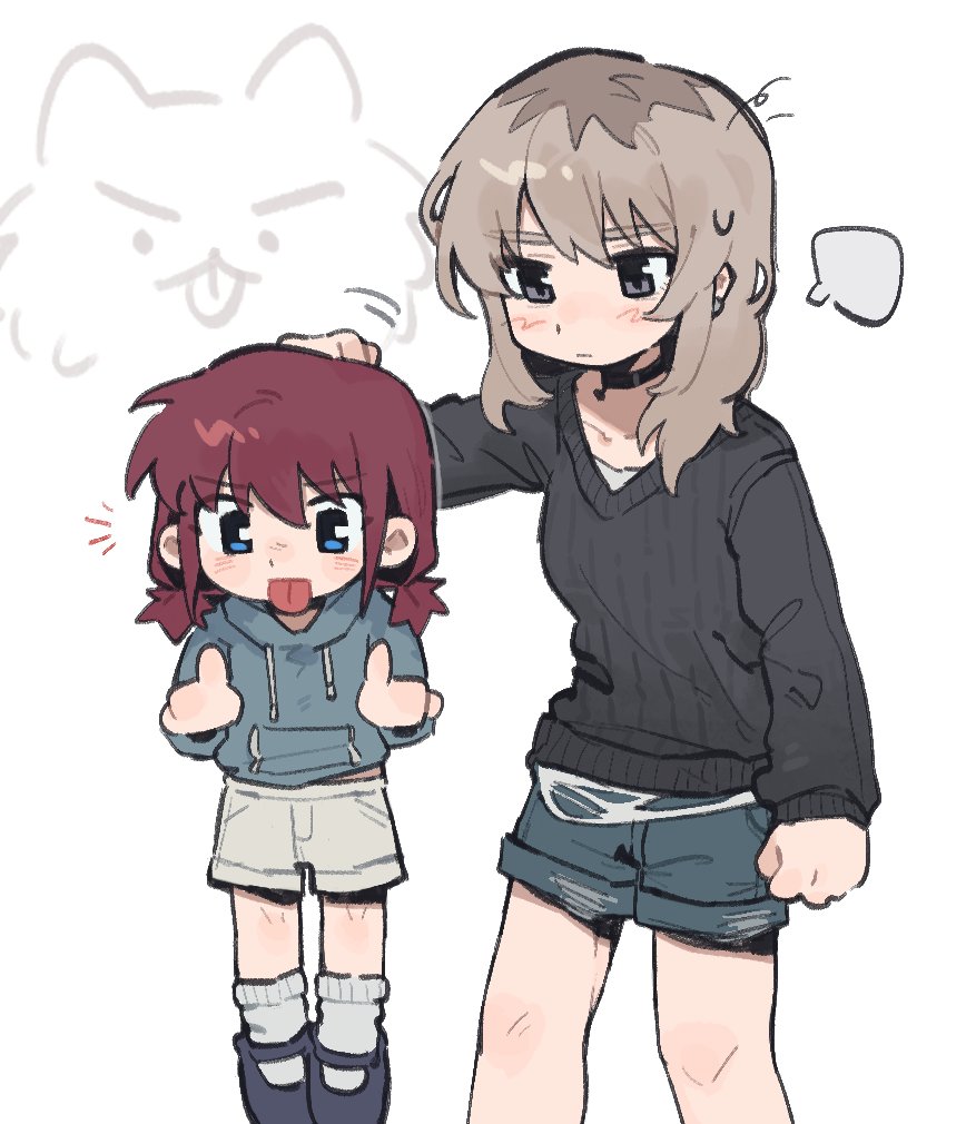 2girls, black_choker, black_footwear, black_sweater, blue_eyes, blue_hoodie, blue_shorts, brown_hair