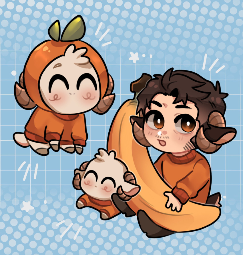 1boy, alternate_color, animal, animal_ears, banana, beard_stubble, brown_hair, chibi, chibi_only, clothed_animal, commentary, costume, facial_hair, food, fruit, fruit_costume, gomi_(gomiidd), grid, highres, horns, jschlatt, leaf, male_focus, minecraft_youtube, multiple_persona, mustache_stubble, open_mouth, orange_(fruit), orange_costume, orange_eyes, orange_sweater, rammie, sheep, sheep_boy, sheep_ears, sheep_horns, sheep_tail, short_hair, sitting, solo, sparkle, stubble, sweater, symbol-only_commentary, tail