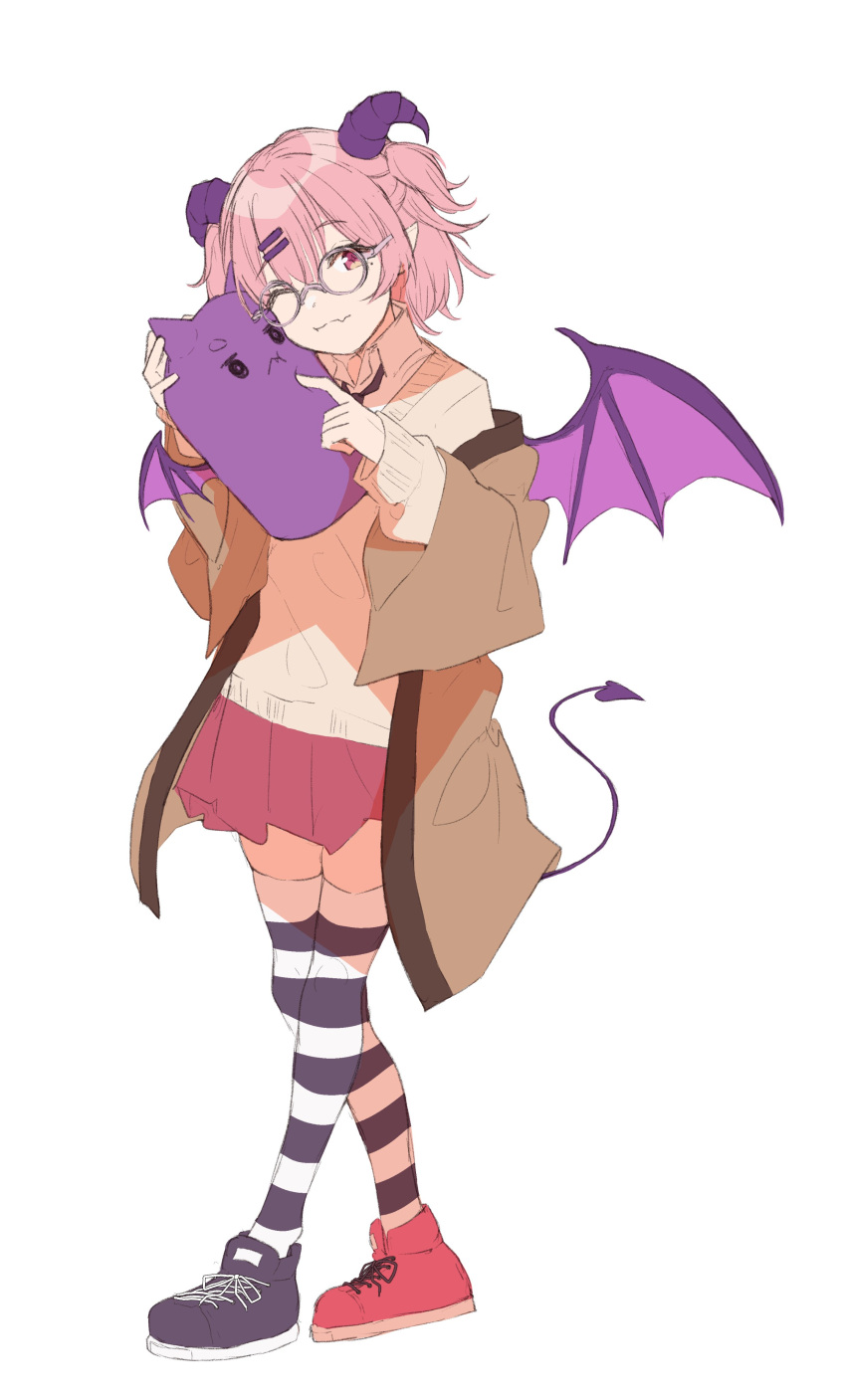 1girl, absurdres, asymmetrical_footwear, bat_wings, black_footwear, black_thighhighs, borrowed_character, brown_coat, closed_mouth, coat, commentary, commission, curved_horns, demon_horns, demon_tail, demon_wings, fang, fang_out, glasses, grey-framed_eyewear, hair_ornament, hairclip, hashtag-only_commentary, highres, hito_(maruhito_), holding, horns, light_smile, long_sleeves, looking_at_viewer, mismatched_footwear, mole, mole_under_eye, off_shoulder, original, pink_hair, pointy_ears, purple_horns, red_eyes, red_footwear, round_eyewear, shoes, short_hair, simple_background, skin_fang, sneakers, solo, split_mouth, standing, striped_clothes, striped_thighhighs, tachi-e, tail, thigh-highs, two-tone_thighhighs, white_background, white_thighhighs, wings