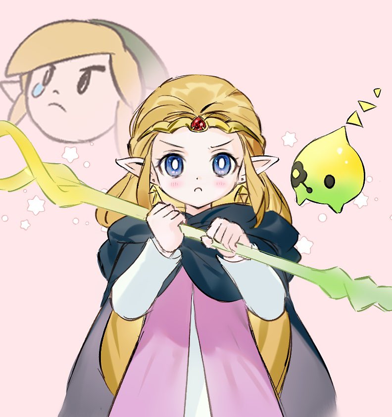 1boy, 1girl, :c, black_cloak, blonde_hair, blue_eyes, blush, cloak