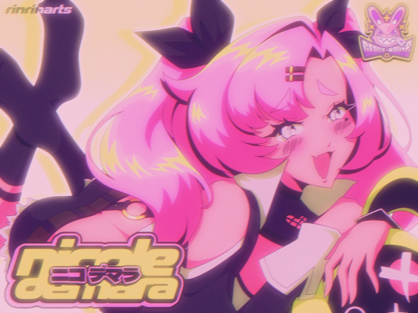 1990s_(style), 1girl, artist_name, ass, black_socks, blush, character_name, english_text, hair_ornament, hair_ribbon, hairclip, highres, long_hair, mixed-language_text, nicole_demara, open_mouth, pink_hair, retro_artstyle, ribbon, rinrinarts, socks, solo, zenless_zone_zero
