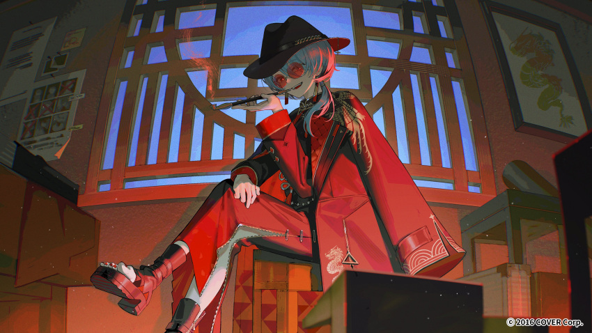 1girl, absurdres, architecture, blue_hair, coat, coat_on_shoulders, commentary_request, copyright_name, copyright_notice, earrings, east_asian_architecture, fedora, foot_out_of_frame, glasses, hair_over_shoulder, hat, highres, holding, holding_smoking_pipe, hololive, hoshimachi_suisei, hoshimachi_suisei_(oriental_suit), indoors, jacket, jewelry, long_sleeves, looking_at_viewer, nail_polish, official_alternate_costume, official_alternate_hairstyle, official_art, open_mouth, print_coat, red-tinted_eyewear, red_nails, red_theme, round_eyewear, shanti_(vocaloid), short_hair, side_slit, sitting, skirt, smile, smoking_pipe, solo, sunglasses, tassel, tassel_earrings, tinted_eyewear, toeless_footwear, toenail_polish, toenails, torino_kawazu, virtual_youtuber, zipper_skirt
