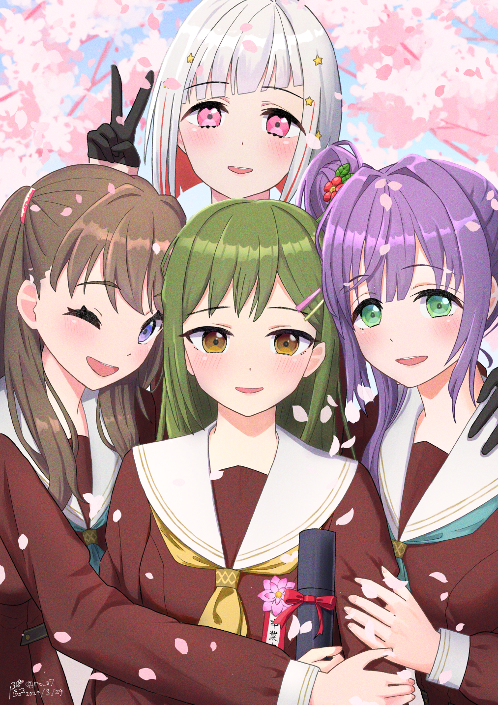 4girls, :d, ;d, aqua_neckerchief, behind_another, black_gloves, bob_cut, brown_dress