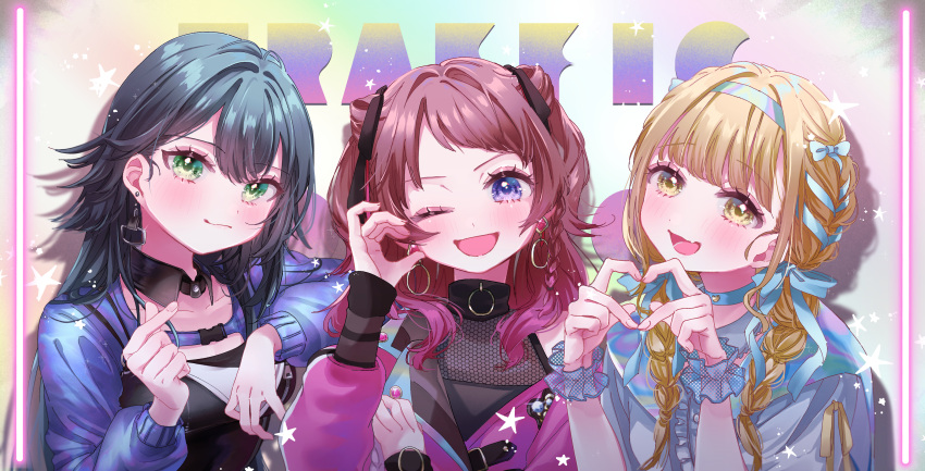 3girls, 4-fingers_heart_hands, ;d, absurdres, arm_rest, blonde_hair, blue_jacket, blush, braid, brown_hair, center_frills, commentary_request, cone_hair_bun, earrings, fang, fighting_my_way_(idolmaster), finger_heart, fingernails, frilled_wristband, frills, fujita_kotone, gakuen_idolmaster, green_hair, hair_bun, hair_flaps, half-heart_hands, hanami_saki, heart, heart_hands, highres, idolmaster, iri_itigo, jacket, jewelry, looking_at_viewer, luna_say_maybe_(idolmaster), multiple_girls, one_eye_closed, pink_jacket, sekaiichi_kawaii_watashi_(idolmaster), skin_fang, smile, tsukimura_temari, twin_braids, upper_body