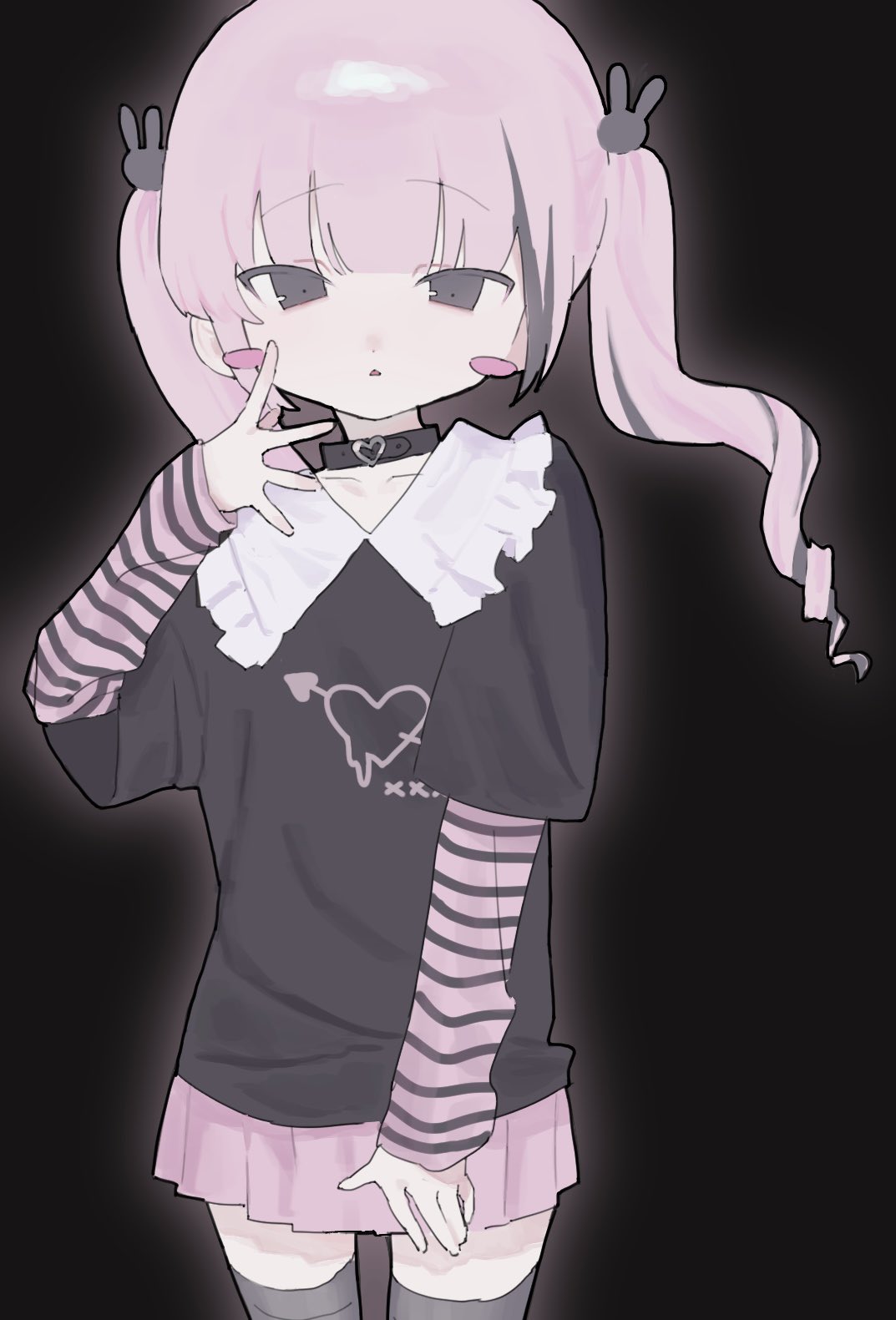 1girl, black_background, black_choker, black_eyes, black_hair, black_shirt, blunt_bangs, blush_stickers