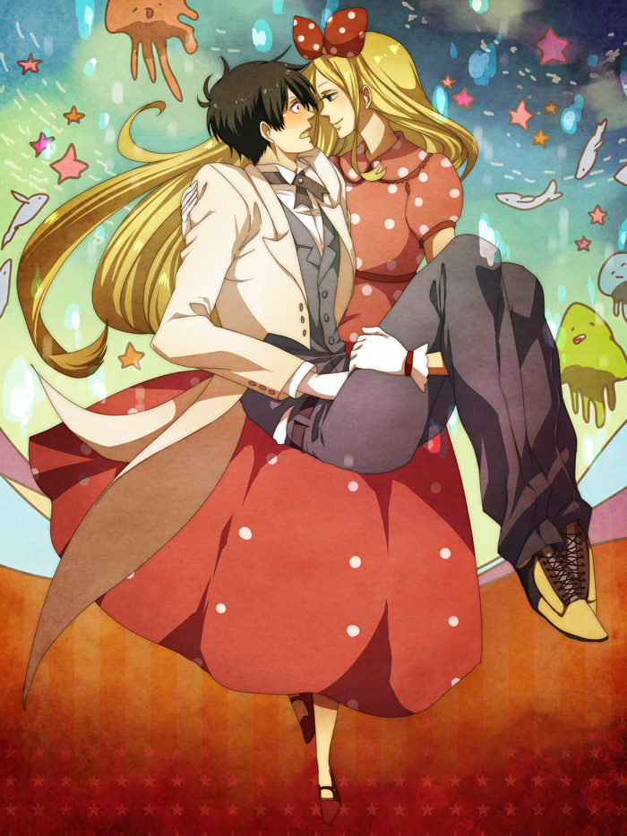 1girl, arakawa_under_the_bridge, black_hair, blonde_hair, blush, bow, carrying, couple
