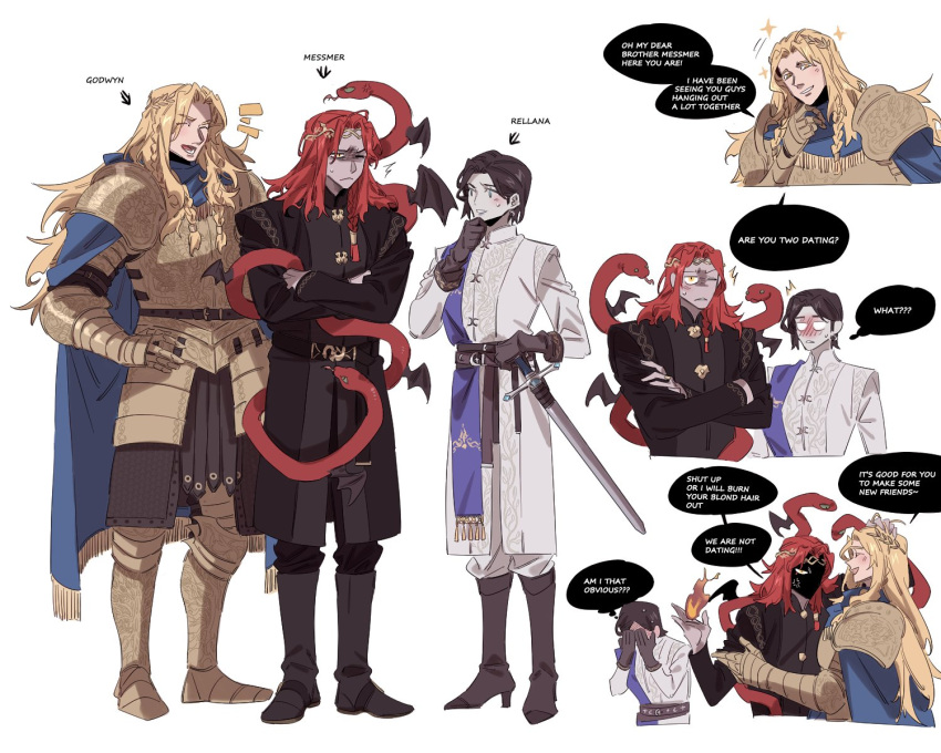 armor, black_hair, blonde_hair, blush, boots, cape, coat, covering_face, crossed_arms, elden_ring, elden_ring:_shadow_of_the_erdtree, gloves, godwyn_the_golden, hand_on_own_face, highres, laurel_crown, long_hair, messmer_the_impaler, nozakikotaro4, plate_armor, redhead, rellana_twin_moon_knight, short_hair, snake, sparkle, sweat, sword, weapon, white_background