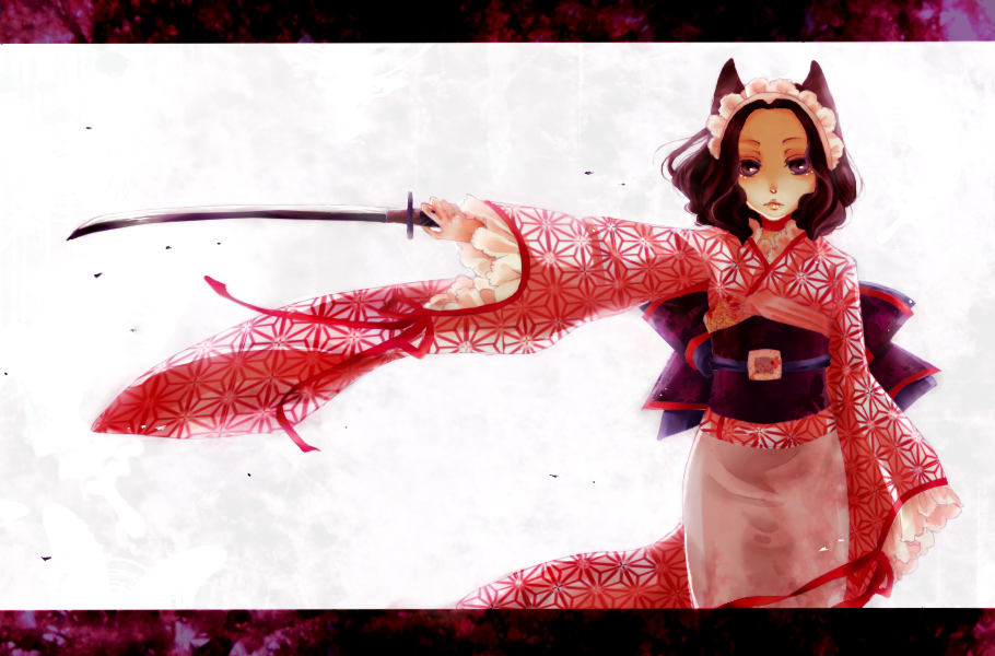 animal_ears, asa_no_ha_(pattern), black_hair, fox_ears, japanese_clothes, kimono, maid_headdress, mashiro_(bee0hatimitu)