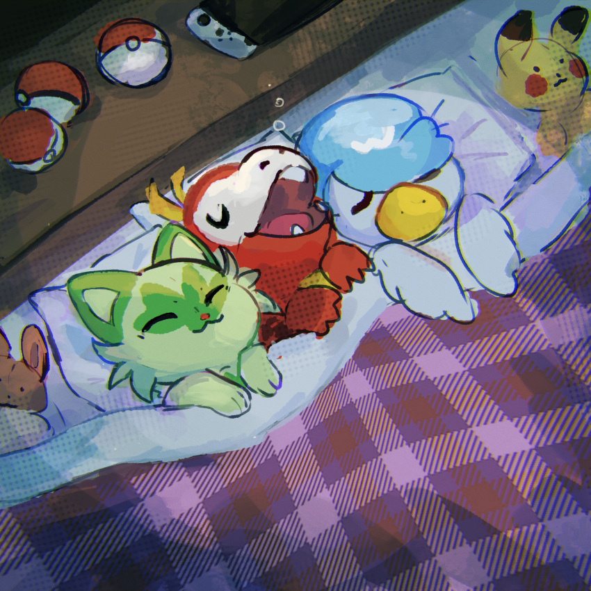 :3, absurdres, bird, cat, closed_eyes, closed_mouth, commentary, crocodilian, cuddling, duck, eevee, english_commentary, from_above, fuecoco, highres, lying, nintendo_switch, on_back, open_mouth, pikachu, pillow, poke_ball, pokemon, pokemon_(creature), quaxly, rookruff, shared_bed, sharp_teeth, sleeping, sprigatito, squeans, starter_pokemon_trio, stuffed_animal, stuffed_toy, teeth, u_u, under_covers