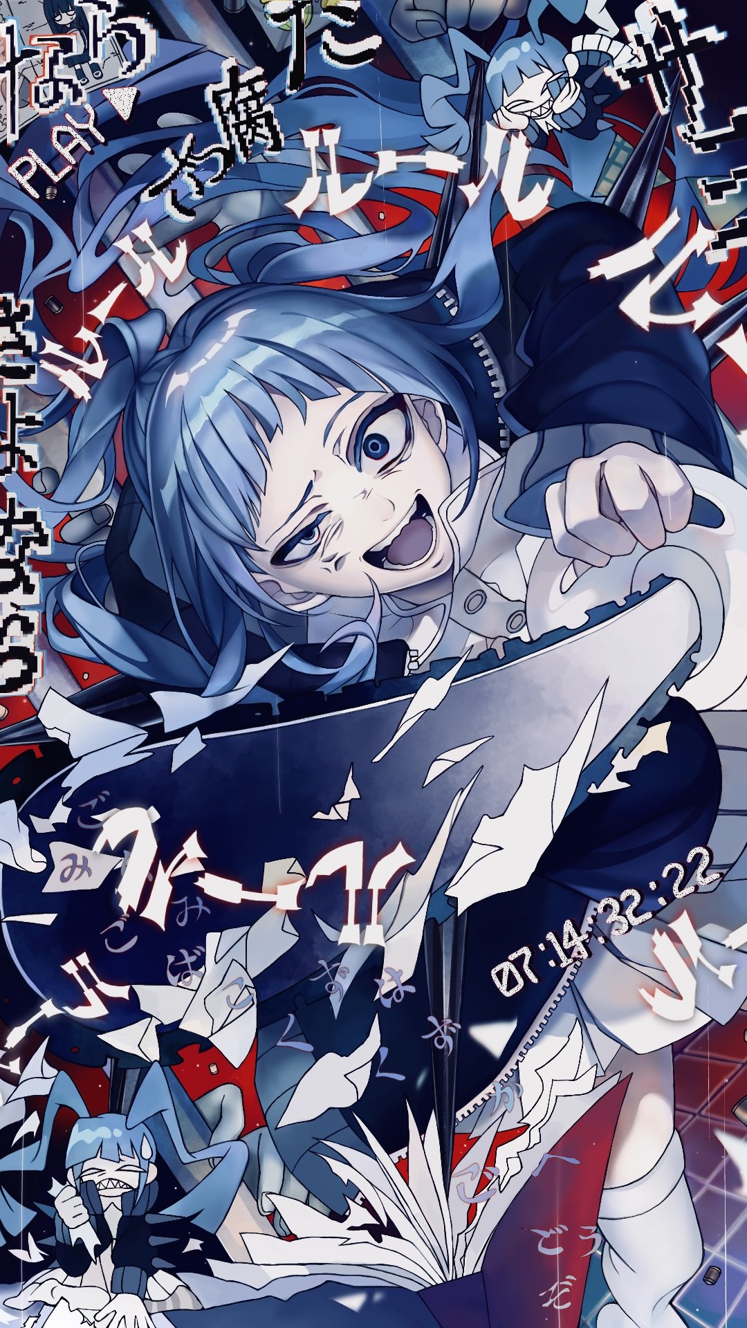1girl, ado_(utaite), blue_eyes, blue_hair, blue_jacket, chainsaw, collared_shirt, dmyfish, dress, highres, jacket, leg_warmers, long_hair, long_sleeves, looking_at_viewer, open_mouth, red_background, rule-chan_(ado), sharp_teeth, shirt, sidelocks, solo, tearing_paper, teeth, timestamp, twintails, utaite, white_leg_warmers, white_shirt