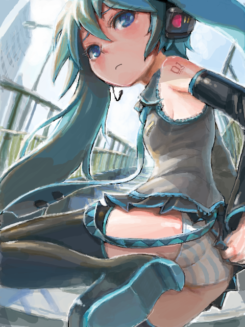 aqua_hair, blue_eyes, detached_sleeves, hatsune_miku, headphones, headset, heus_(nuntarou), long_hair
