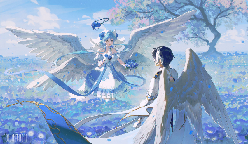 1boy, 1girl, absurdres, angel, angel_wings, black_hair, blue_flower, blue_hair