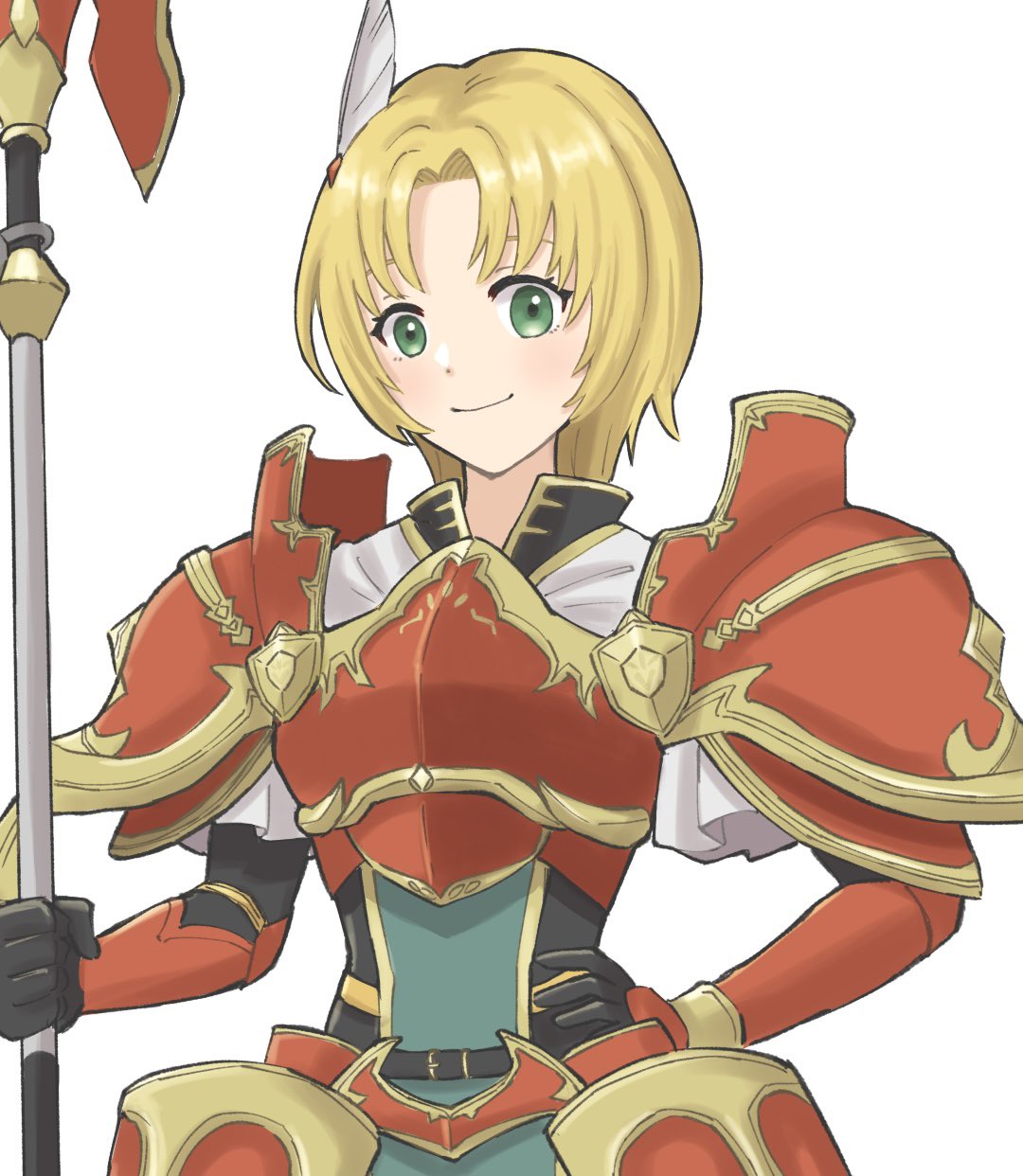1girl, amelia_(blossoming_talent)_(fire_emblem), amelia_(fire_emblem), armor, blonde_hair, breastplate, feather_hair_ornament, feathers