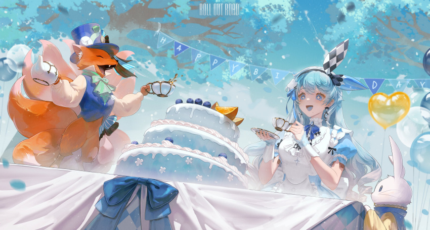 1girl, 2girls, :d, absurdres, alice_(alice_in_wonderland), animal, apron, balloon