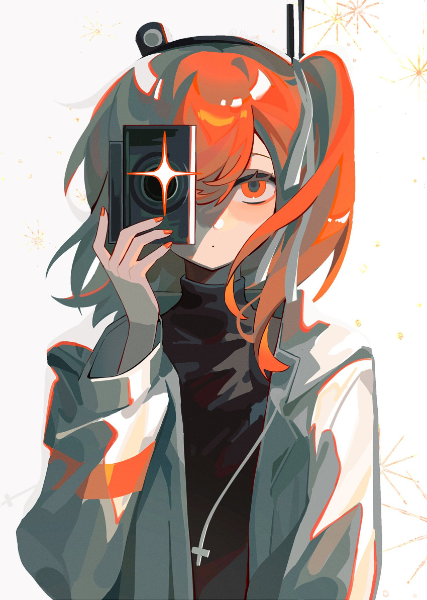 a.i._voice, adachi_rei, black_shirt, camera, expressionless, feiwusheng, headlamp, highres