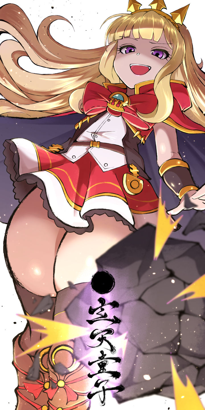 1girl, blonde_hair, bow, bracer, cagliostro_(granblue_fantasy), cape, crown, genten_douji, granblue_fantasy, hairband, highres, long_hair, looking_at_viewer, looking_down, solo, spiked_hairband, spikes, thigh-highs, tiara, vial, violet_eyes