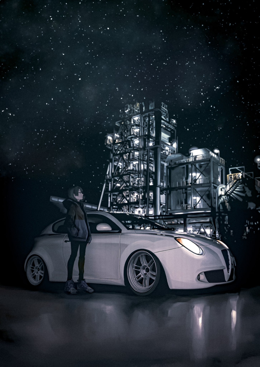 1girl, alfa_romeo, alfa_romeo_mito, black_hair, black_jacket, black_pants, bokuya, car