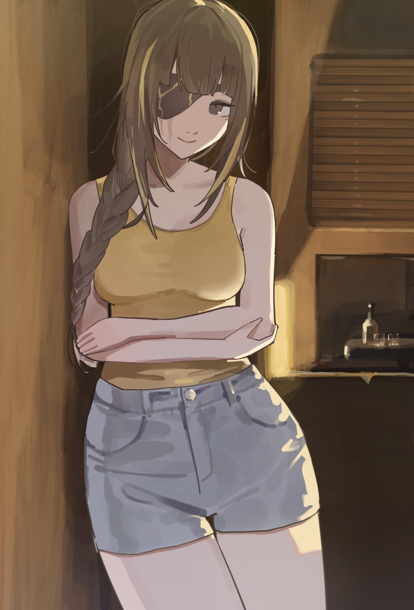 alcohol, blue_pants, bottle, braid, brown_eyes, brown_hair, commission, eyepatch, girls_frontline, highres, light_smile, long_hair, looking_at_viewer, m16a1_(girls'_frontline), mole, mole_under_eye, multicolored_hair, pants, scar, scar_on_face, skeb_commission, sleeveless, smile, tank_top, wine, yellow_tank_top, yu_ni_taro