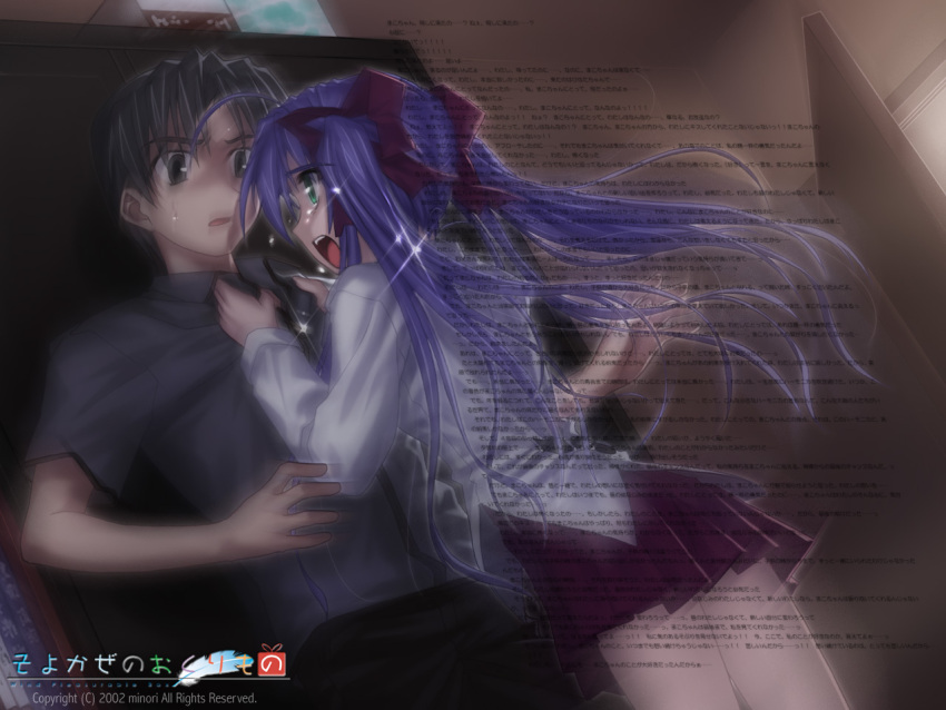 1girl, couple, narukaze_minamo, okano_makoto, tears, twintails, wallpaper, wind