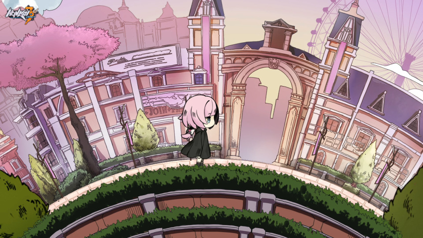 1girl, black_cape, blue_eyes, building, cape, chibi, chibi_only, elysia_(honkai_impact), eta, ferris_wheel, hair_between_eyes, highres, honkai_(series), honkai_impact_3rd, long_hair, m.o.t.h._logo_(honkai_impact), outdoors, pink_hair, pink_sky, sky, tree