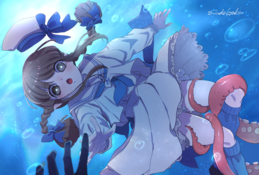 1boy, 1girl, :o, black_eyes, black_footwear, black_gloves, blue_bow, blue_socks, bow, braid, bright_pupils, brown_hair, bubble, colored_skin, fukami_(funamusea), funamusea, gloves, hair_bow, hat, hat_bow, highres, long_hair, looking_at_viewer, oounabara_to_wadanohara, open_mouth, out_of_frame, pleated_skirt, reaching, reaching_towards_viewer, sailor_collar, sailor_hat, sailor_shirt, shirt, skirt, socks, sudakoyarou, tentacles, twin_braids, underwater, wadanohara, white_hat, white_pupils, white_sailor_collar, white_shirt, white_skin, white_skirt