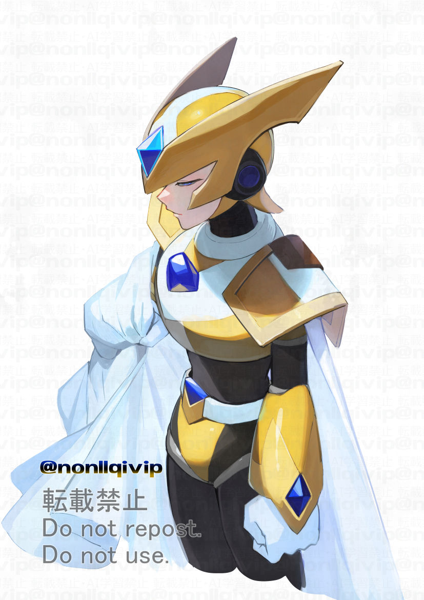 1boy, android, armor, cape, closed_eyes, cowboy_shot, forehead_jewel, gate_(mega_man)