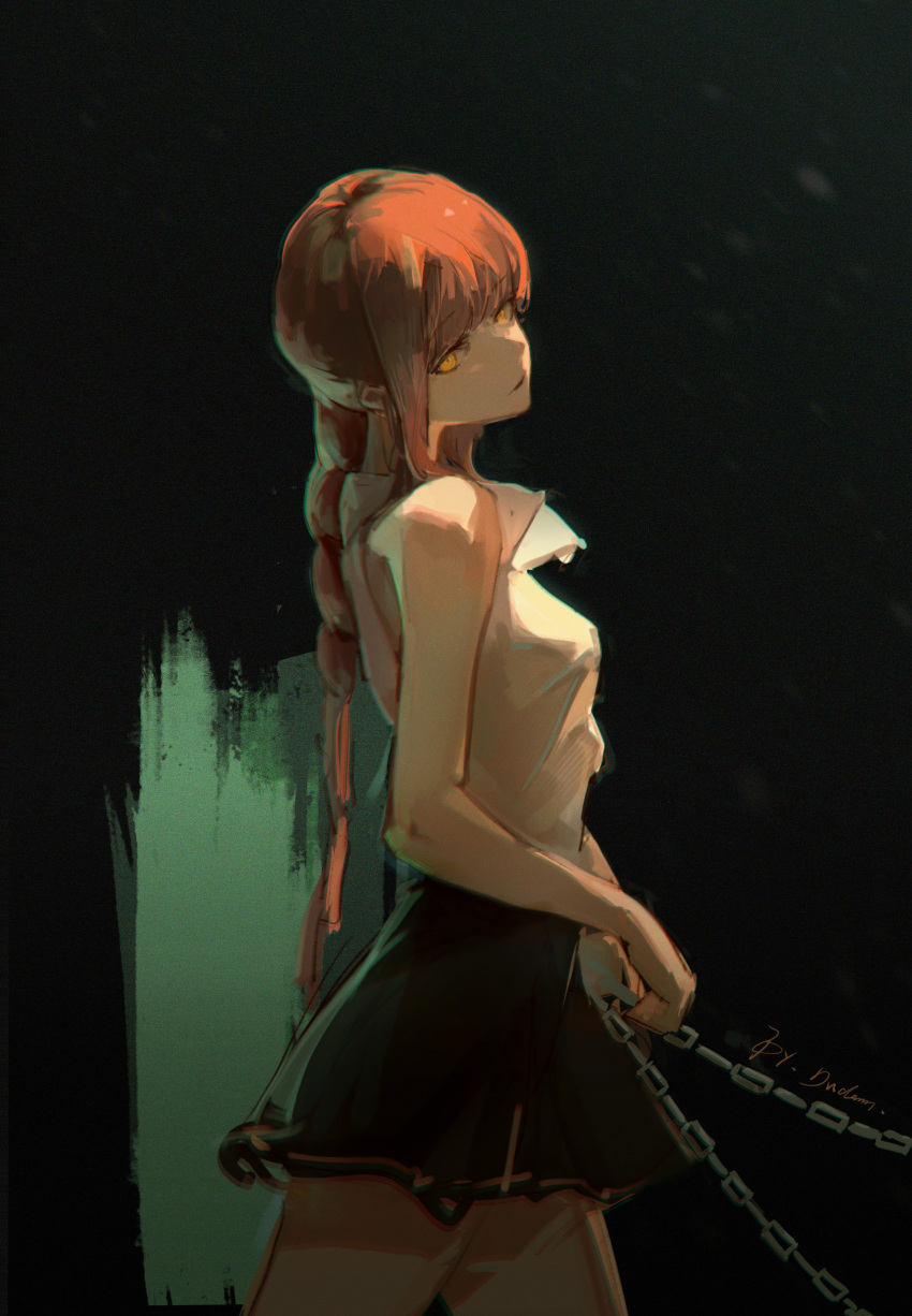 1girl, absurdres, bare_arms, bare_shoulders, black_background, black_skirt, braid, braided_ponytail, chain, chainsaw_man, collared_shirt, cowboy_shot, dudrinm, from_side, head_tilt, highres, holding, holding_chain, long_hair, looking_at_viewer, looking_to_the_side, makima_(chainsaw_man), miniskirt, orange_hair, pleated_skirt, ringed_eyes, shirt, skirt, sleeveless, sleeveless_shirt, solo, very_long_hair, white_shirt, yellow_eyes