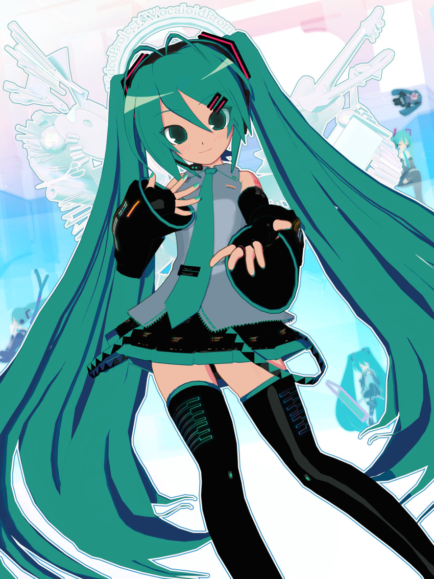 2girls, 3d, absurdres, animasa_model_(mikumikudance), api_model_(mikumikudance), aqua_eyes, aqua_hair, bare_shoulders, blue_eyes, blue_hair, blush, commentary, detached_sleeves, english_commentary, hachune_miku, hair_between_eyes, hair_ornament, hatsune_miku, highres, kio_(majin_kz), long_hair, looking_at_viewer, mikumikudance, mikumikudance_(medium), multiple_girls, multiple_persona, necktie, shirt, skirt, sleeveless, smile, solo, spring_onion, thigh-highs, twintails, very_long_hair, vocaloid, wings