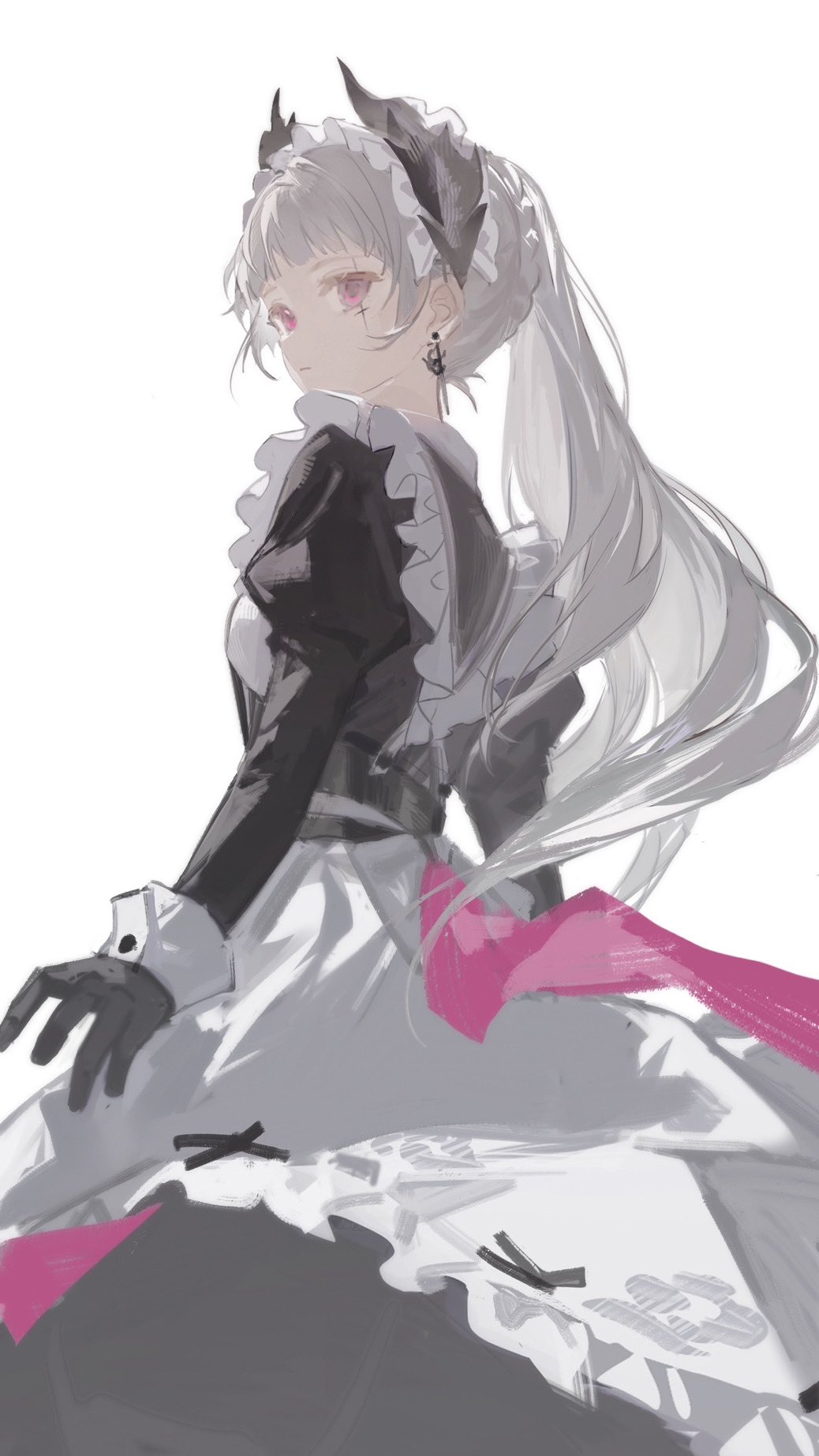 1girl, apron, arknights, black_dress, black_gloves, closed_mouth, dress, earrings