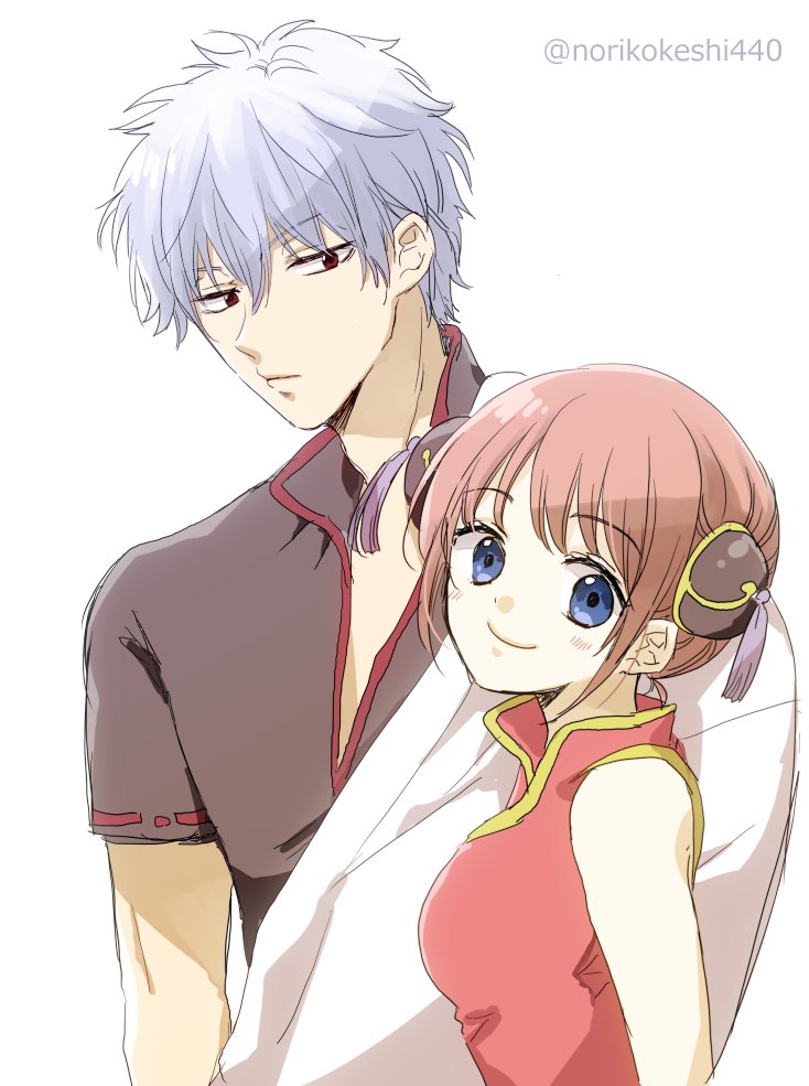 1boy, 1girl, black_shirt, blue_eyes, china_dress, chinese_clothes, closed_mouth, commentary_request