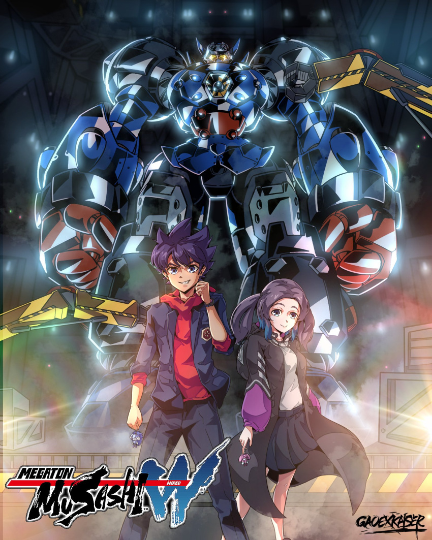 1boy, 1girl, arshem_laia, black_hair, black_jacket, blue_eyes, blue_hair, breasts