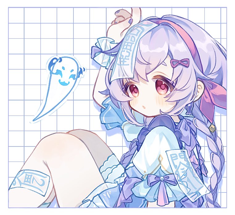 1girl, :o, arm_up, blush, border, bow, braid, commentary_request