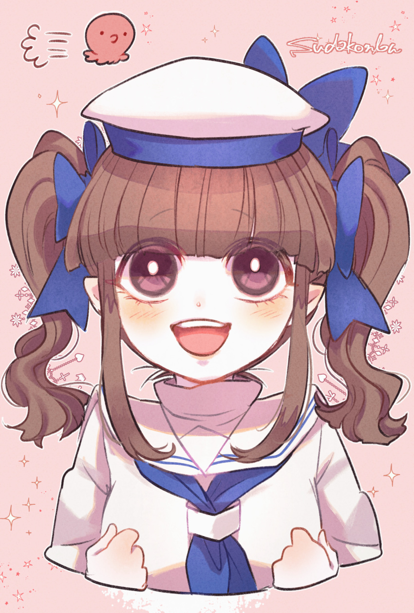 1girl, alternate_hairstyle, artist_name, blue_bow, blue_neckerchief, blunt_bangs, blush, bow, brown_hair, colored_skin, cropped_torso, funamusea, hair_bow, hat, hat_bow, heart, highres, looking_at_viewer, neckerchief, oounabara_to_wadanohara, open_mouth, pink_background, pointy_ears, puff_of_air, sailor_collar, sailor_hat, sailor_shirt, shirt, sidelocks, signature, smile, sparkle, sudakoyarou, tarako_(funamusea), teeth, twintails, upper_body, upper_teeth_only, violet_eyes, wadanohara, white_hat, white_sailor_collar, white_skin