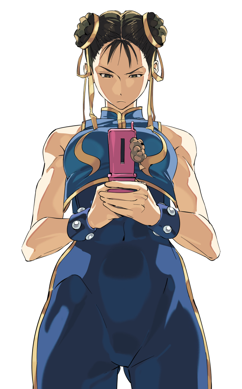 1girl, absurdres, black_hair, bracelet, brown_eyes, capcom, cellphone, china_dress