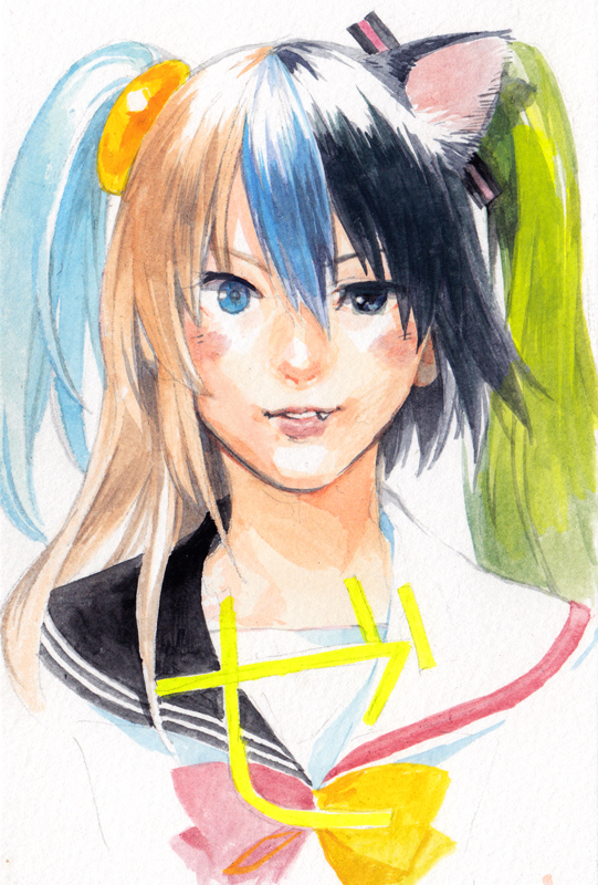 1girl, animal_ears, asymmetrical_hair, black_eyes, black_hair, black_sailor_collar, blue_eyes, blue_hair, bow, bowtie, brown_hair, cat_ears, chaoz_lounge, extra_ears, fang, futaba_channel, green_hair, hair_ornament, heterochromia, looking_at_viewer, moetron, multicolored_hair, parted_lips, pink_bow, pink_bowtie, portrait, sailor_collar, school_uniform, serafuku, single_animal_ear, solo, split-color_clothes, straight-on, traditional_media, twintails, white_background, white_sailor_collar, yellow_bow, yellow_bowtie