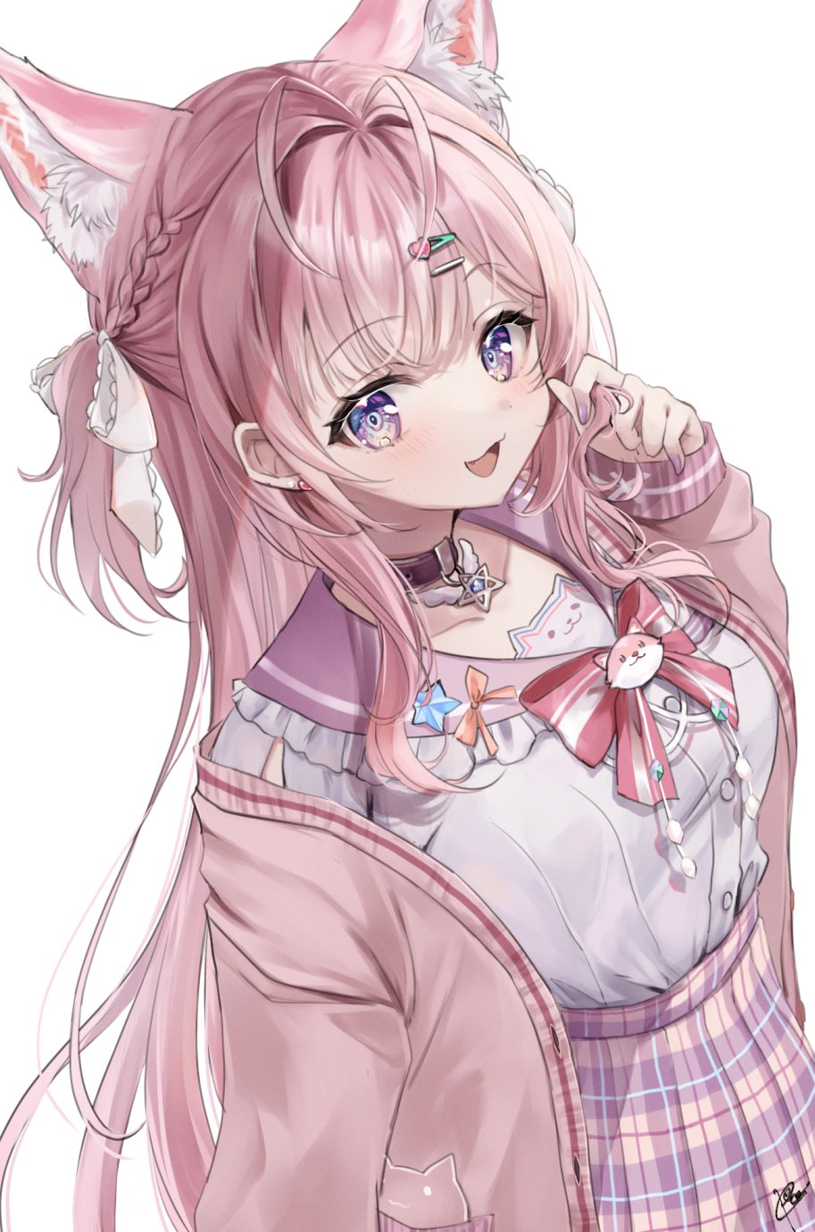 1girl, :3, animal_ear_fluff, animal_ears, antenna_hair, blush, bow, braid, breasts, cardigan, choker, earrings, fang, fingernails, hair_ornament, hair_ribbon, hairclip, hakui_koyori, hakui_koyori_(4th_costume), hand_up, heart, heart_collar, heart_hair_ornament, highres, hololive, jewelry, kokoro_(hakui_koyori), large_breasts, long_hair, long_sleeves, looking_at_viewer, nail_polish, open_cardigan, open_clothes, open_mouth, pecco_(pecchn478), pink_bow, pink_cardigan, pink_hair, pink_nails, pink_sailor_collar, pink_skirt, purple_choker, ribbon, sailor_collar, school_uniform, serafuku, signature, simple_background, skirt, sleeves_past_wrists, smile, solo, star_ornament, striped_bow, stud_earrings, twirling_hair, two-tone_bow, two_side_up, violet_eyes, virtual_youtuber, white_background, white_bow, white_ribbon, white_serafuku, wolf_ears, wolf_girl