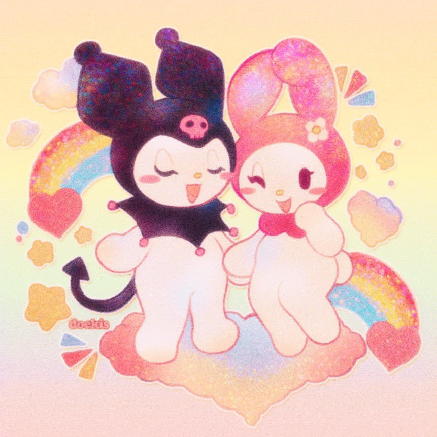 2girls, ^^^, animal_ears, blush_stickers, closed_eyes, clouds, commentary, demon_tail, doekis, english_commentary, flower, furry, furry_female, holding_hands, kuromi, multiple_girls, my_melody, one_eye_closed, onegai_my_melody, open_mouth, rabbit_ears, rabbit_girl, rabbit_tail, rainbow, sanrio, skull, smile, star_(symbol), tail, yume_kawaii, yuri