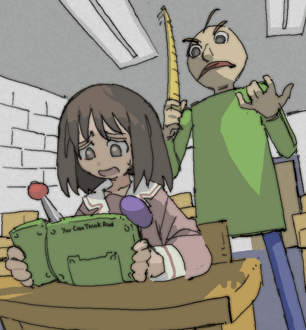 >:(, 1boy, 1girl, azumanga_daioh, azumanga_daioh's_school_uniform, bald, baldi, baldi's_basics