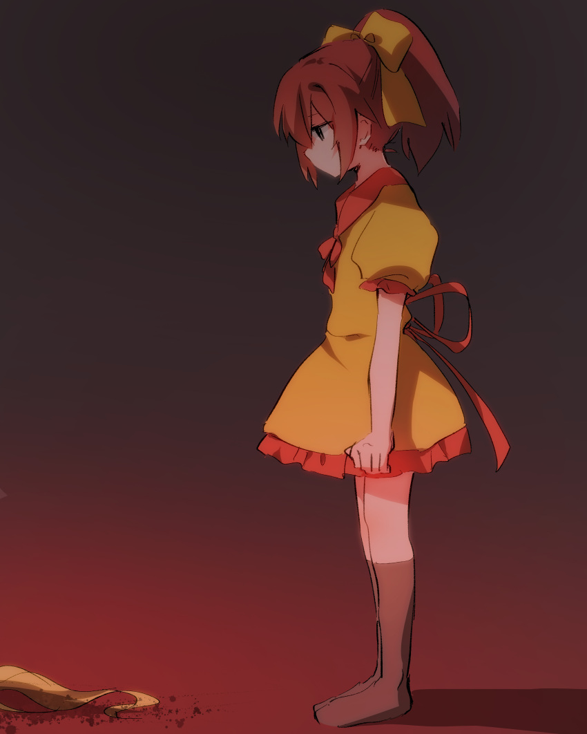 1girl, absurdres, blonde_hair, blood, bow, clenched_hand, dress, frills