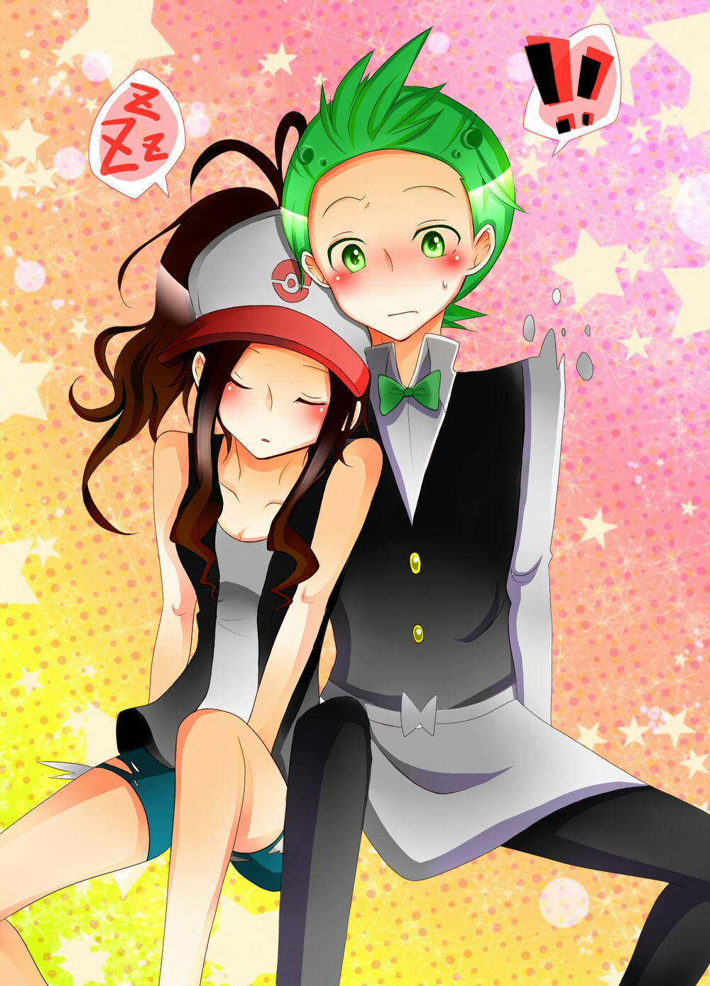 baseball_cap, couple, dent_(pokemon), green_hair, gym_leader, hat, highres, pokemon