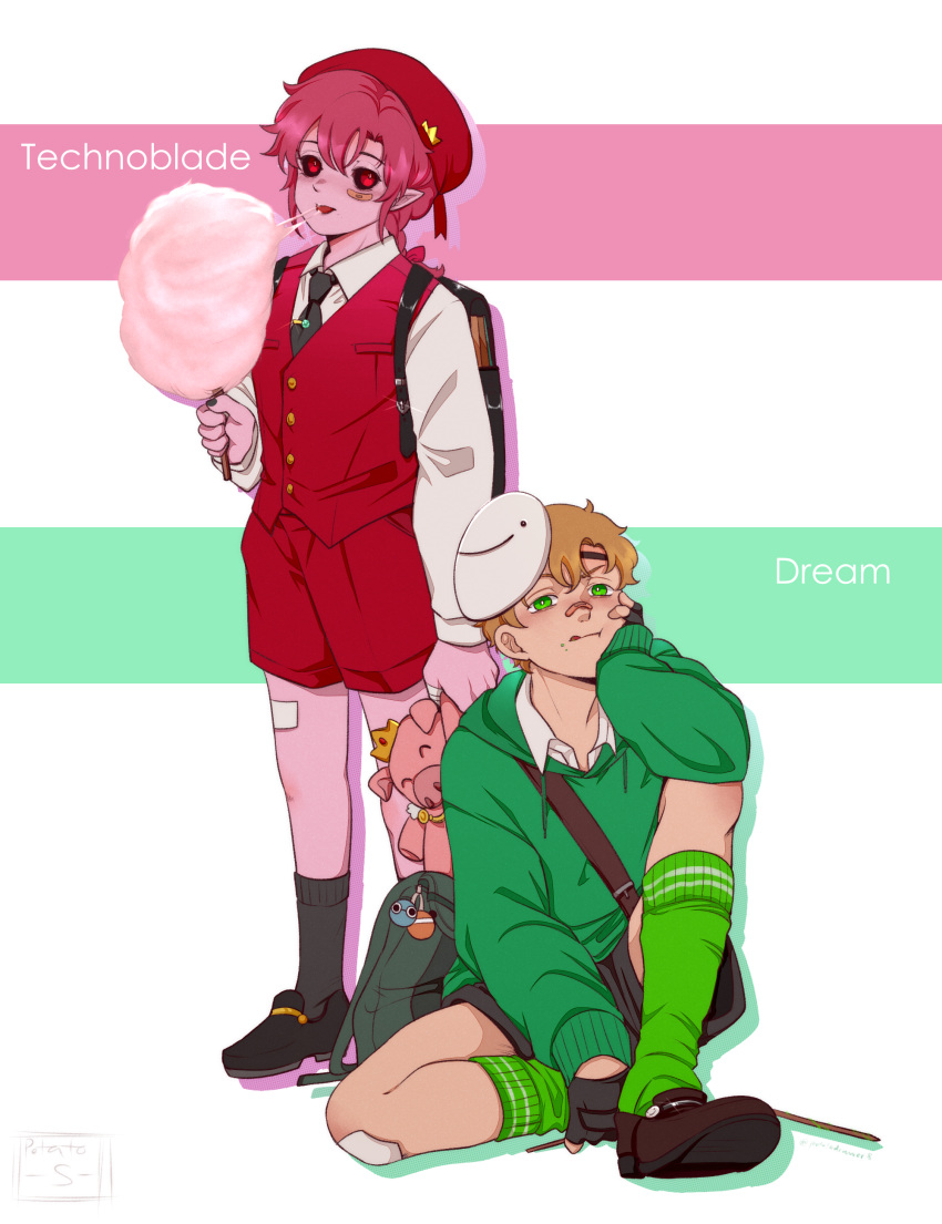 2boys, absurdres, aged_down, androgynous, beanie, blonde_hair, braid, character_name, colored_skin, commentary, cotton_candy, crown_(symbol), dream_(youtuber), dream_smp, english_commentary, english_text, food, girly_boy, hand_on_own_face, hat, highres, holding, holding_food, long_hair, mask, mask_on_head, minecraft_youtube, multiple_boys, necktie, pink_hair, pink_skin, pointy_ears, red_hat, sallyatoyota, short_hair, signature, single_braid, sitting, smiley_face, socks, standing, stuffed_animal, stuffed_pig, stuffed_toy, technoblade, white_background, youtooz