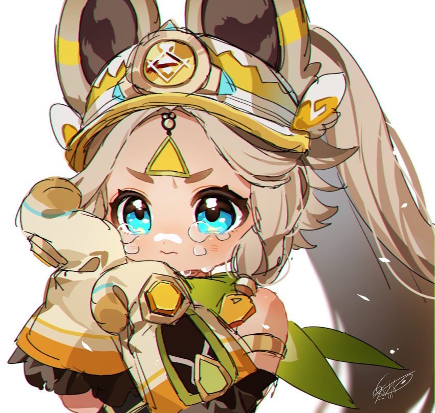 1girl, animal_ears, armlet, artist_name, bandana, bare_shoulders, blonde_hair, blue_eyes