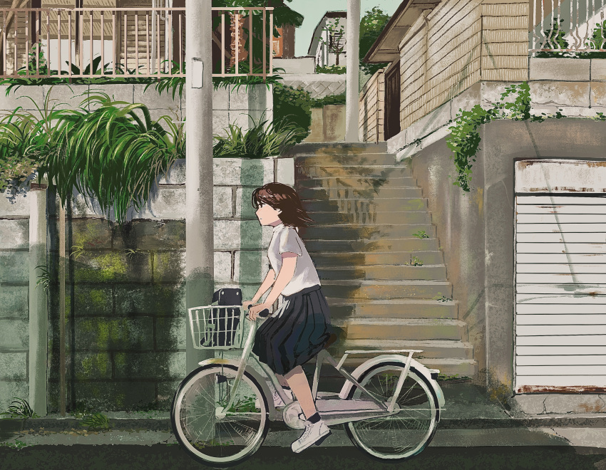 1girl, absurdres, bicycle, bicycle_basket, black_skirt, brown_eyes, brown_hair, building