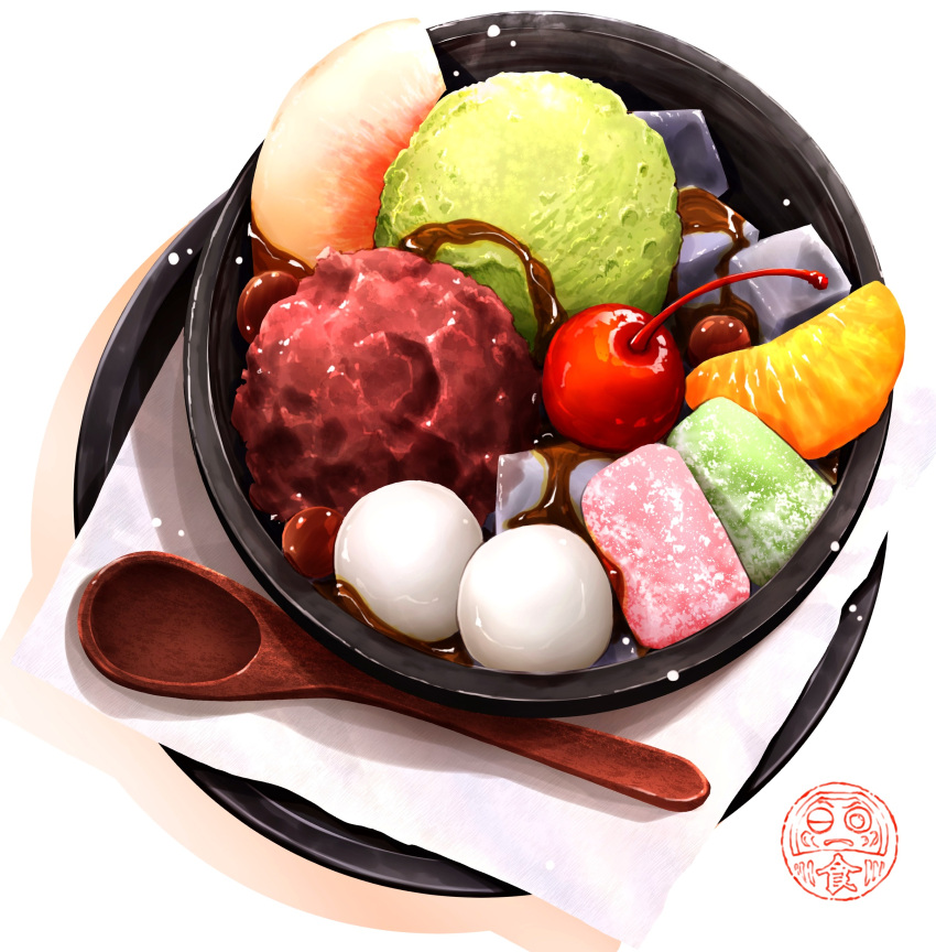 absurdres, anmitsu_(dessert), artist_logo, bowl, cherry, daifuku, food, food_focus