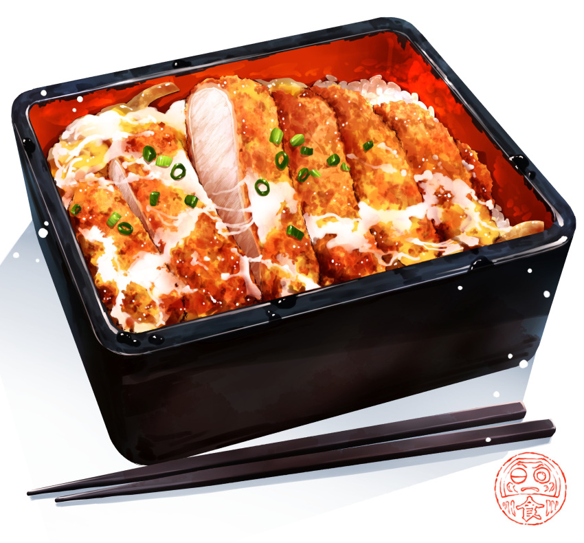 artist_logo, bento, chopsticks, cutlet, food, food_focus, highres, katsu_(food), meat, no_humans, ooranokohaku, original, simple_background, still_life, white_background
