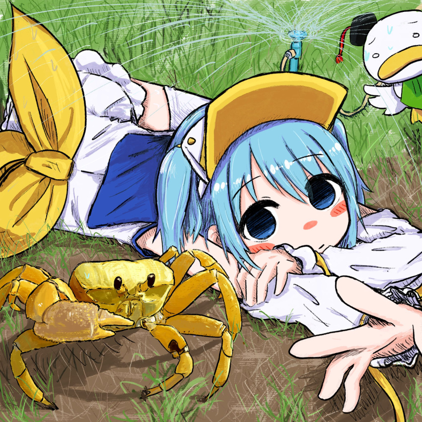 1girl, ah-kun, animal, bird, blue_eyes, blue_hair, blush, blush_stickers