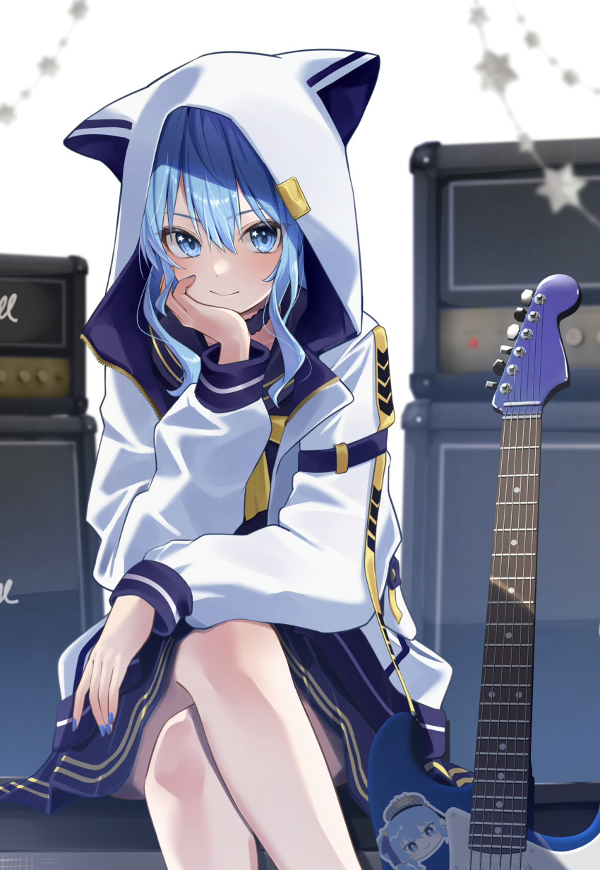 1girl, amplifier, animal_hood, black_choker, black_skirt, blue_eyes, blue_hair, bow